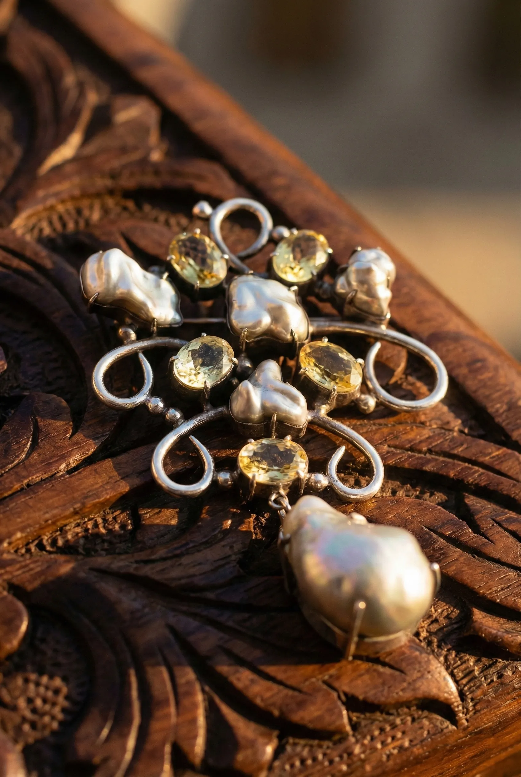 Baroque pearl and citrine silver brooch